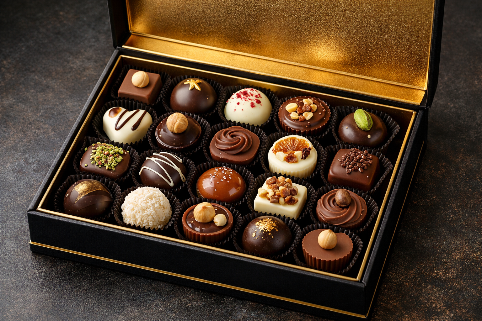 El yapimi pralin kutusu, karisik dolgulu cikolatalar